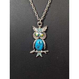 Vintage Blue Faux Turquoise Rhinestone Owl Pendant Necklace‎ Silver Tone 20"